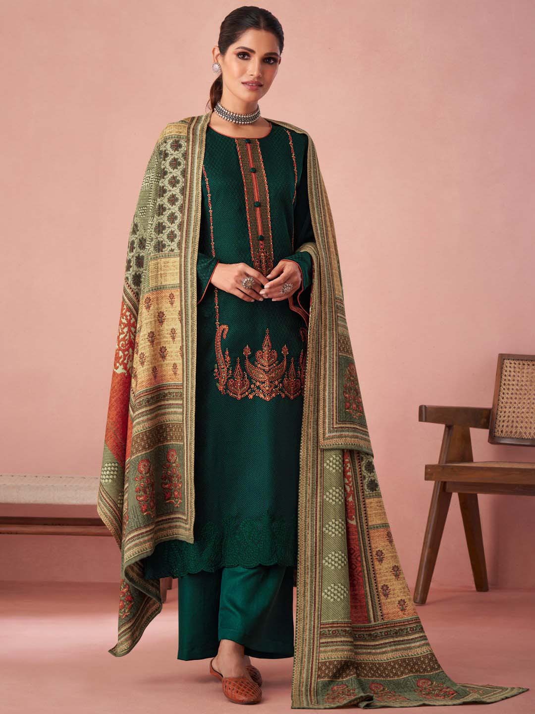 Green Pashmina Twill Embroidered Unstitched Winter Suit Set - Stilento