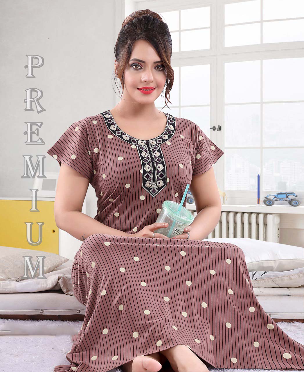 Brown Long Cotton Nighty Night Wear with Embroidery