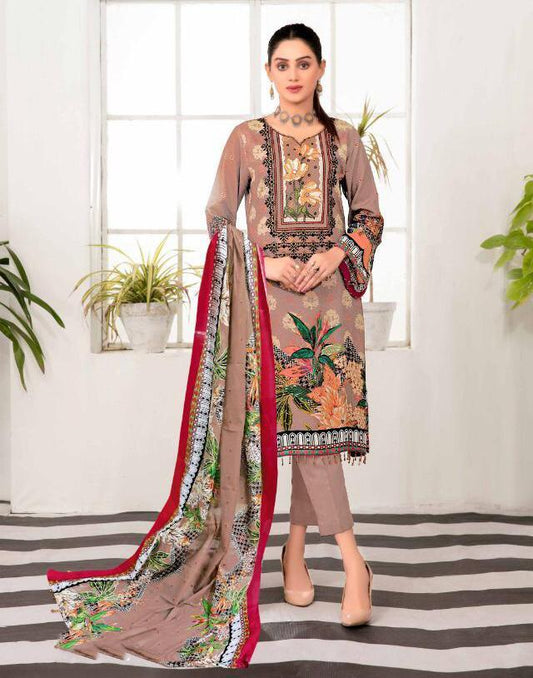 Brown Pakistani Lawn Cotton Dress Material for Women