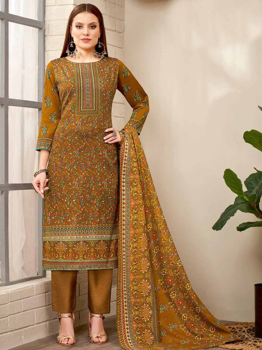 Dark Brown Printed Spun Pashmina Unstitched Winter Suit