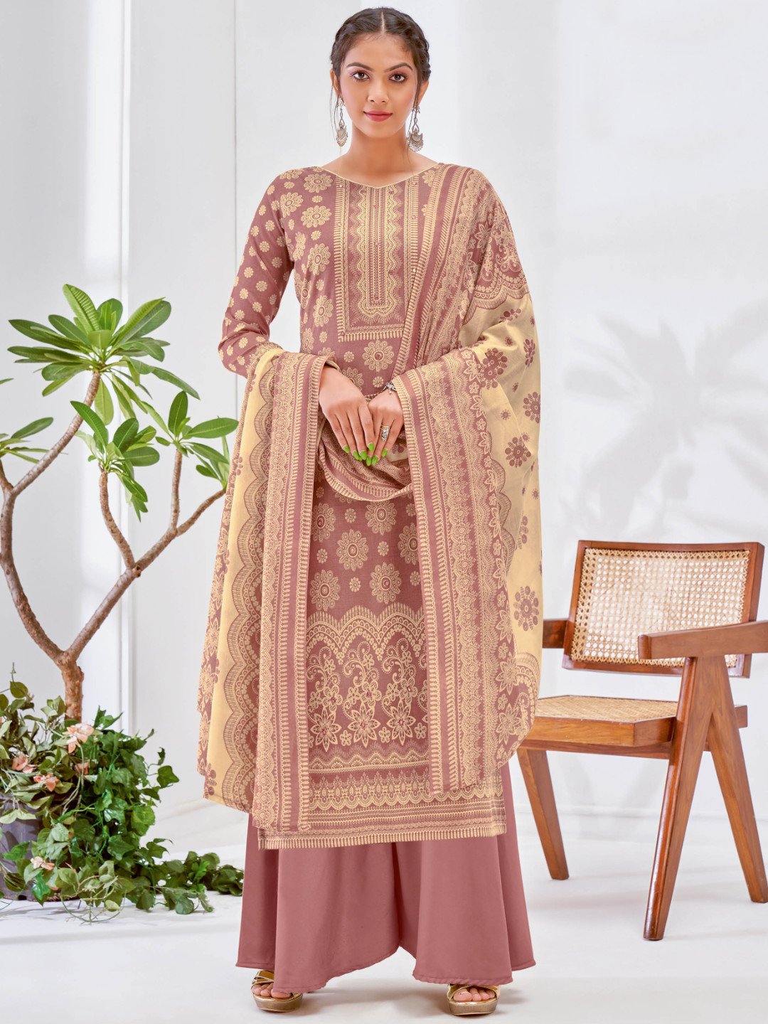 Brown Printed Cotton Unstitched Suit Material - Stilento