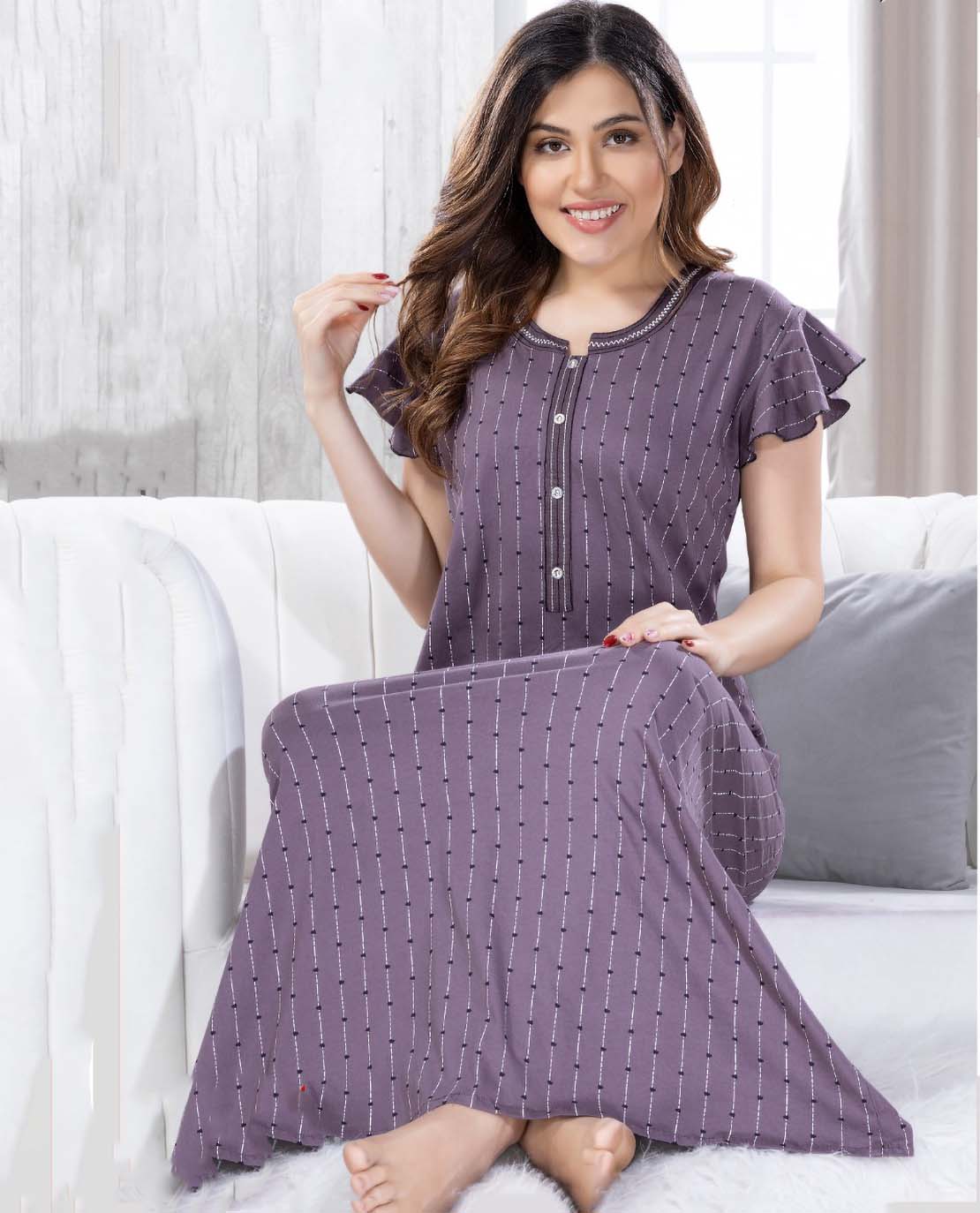 Brown Printed Long Cotton Nighty for Ladies