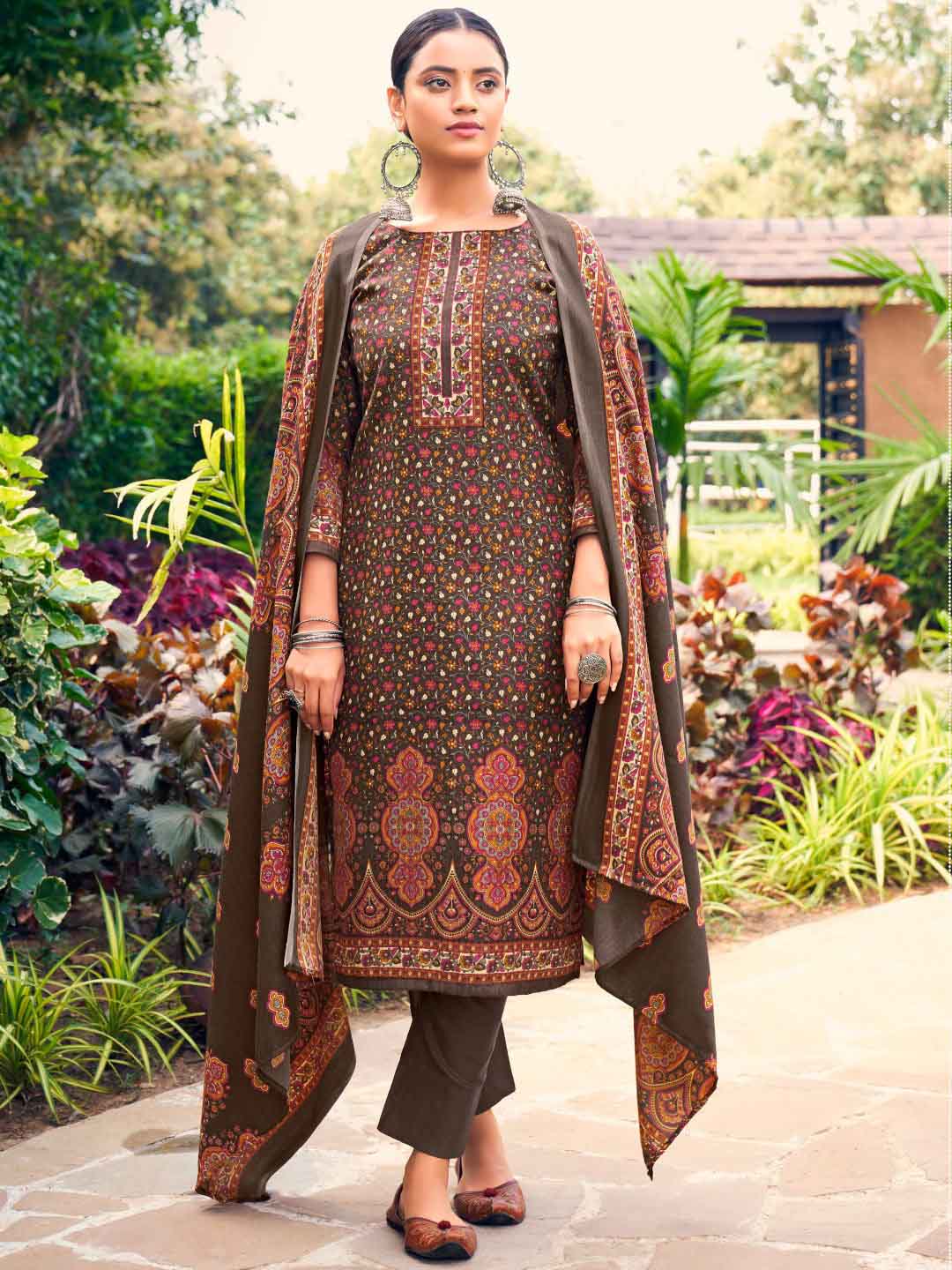 Brown Printed Pashmina Unstitched Winter Ladies Suit Set - Stilento
