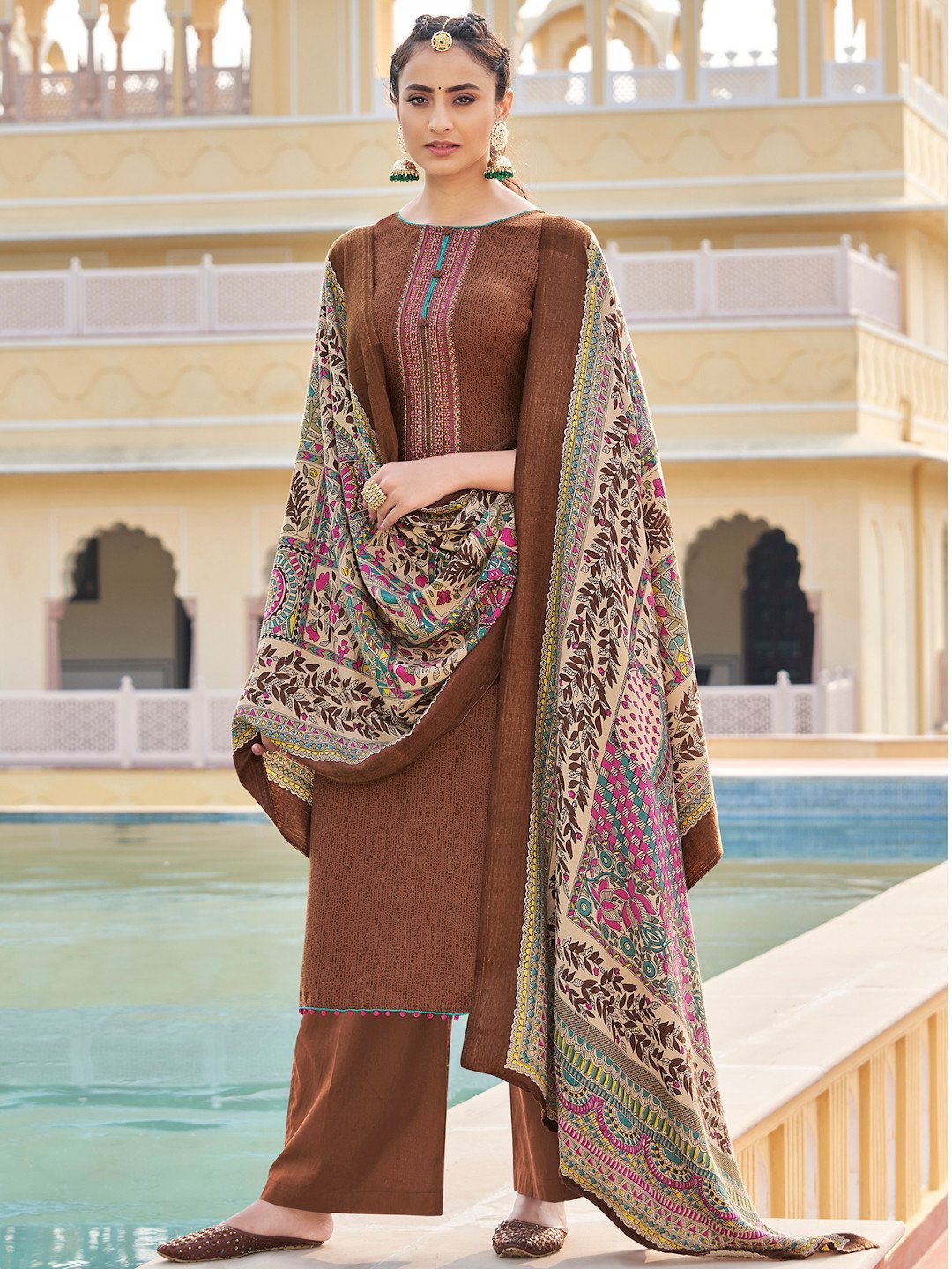 Brown Un-Stitched Faux Pashmina Suit with Dupatta - Stilento