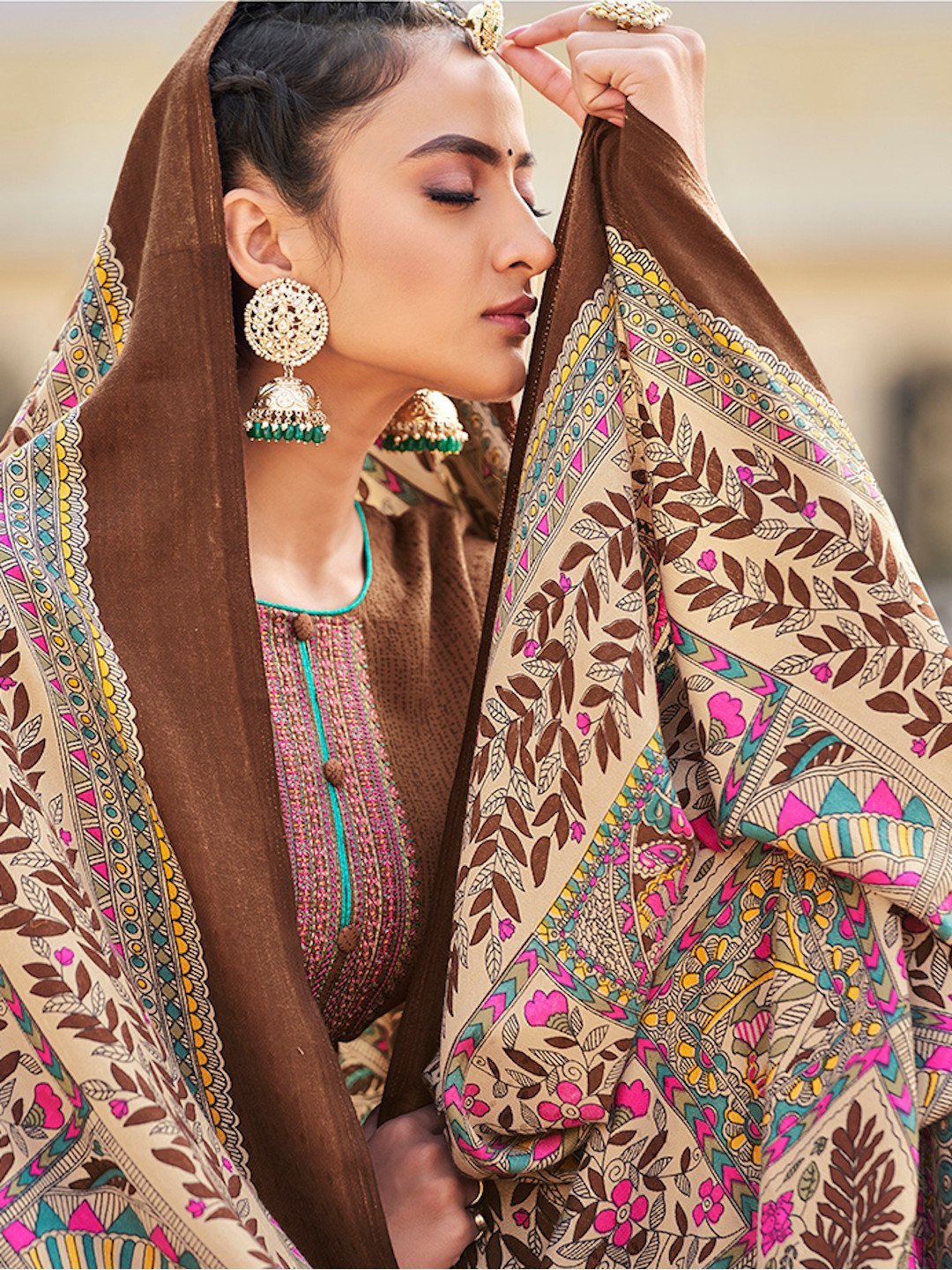 Brown Un-Stitched Faux Pashmina Suit with Dupatta - Stilento