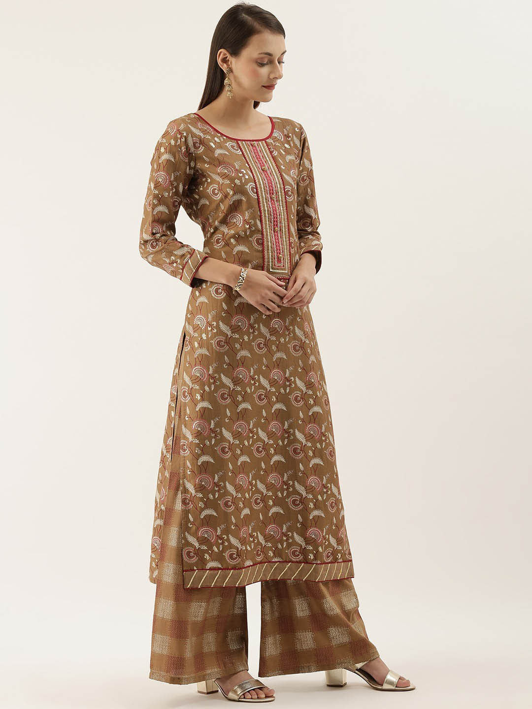 Brown Unstitched Embroidered Cotton Salwar Suit Dress Material - Stilento