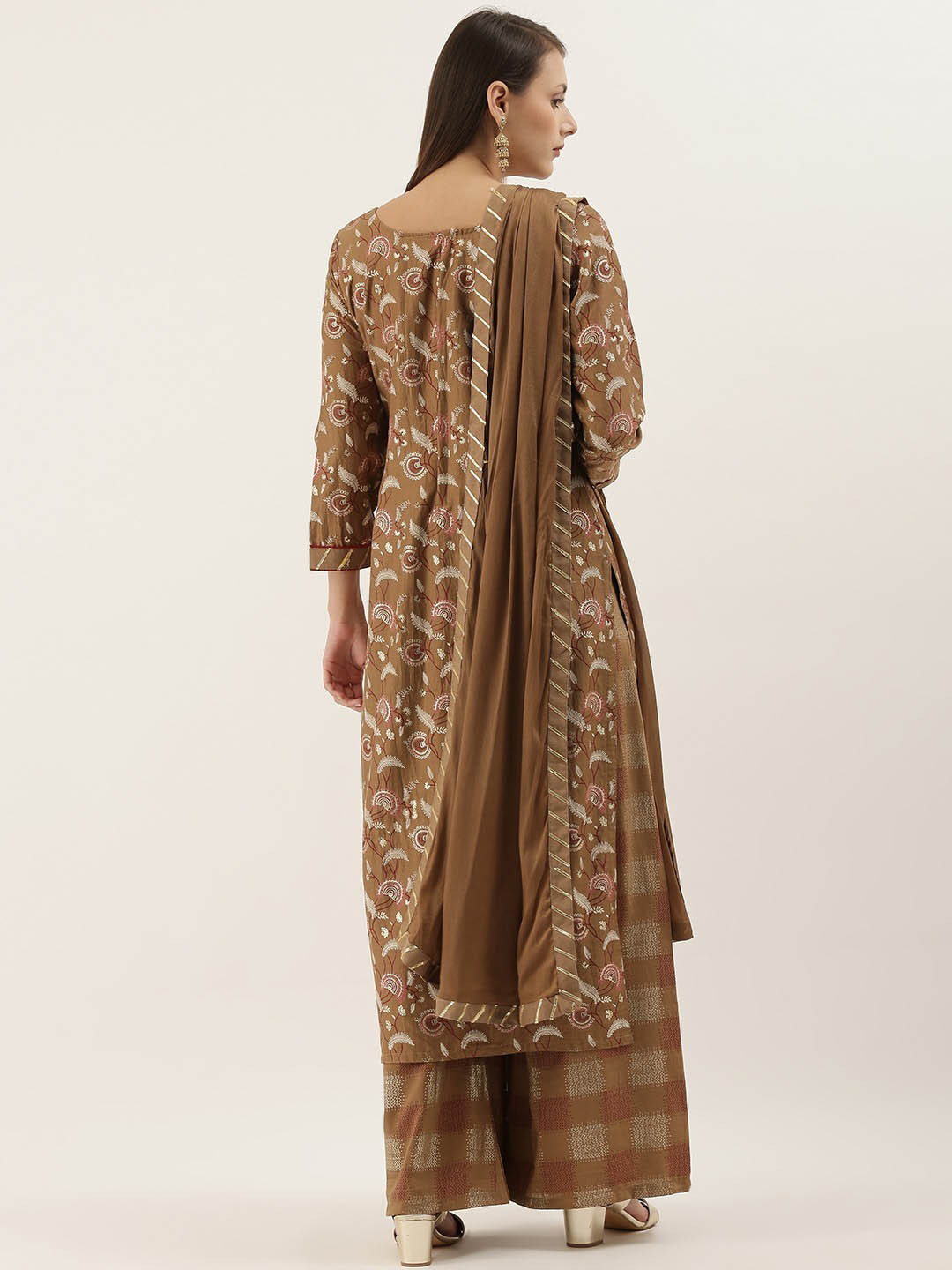 Brown Unstitched Embroidered Cotton Salwar Suit Dress Material - Stilento