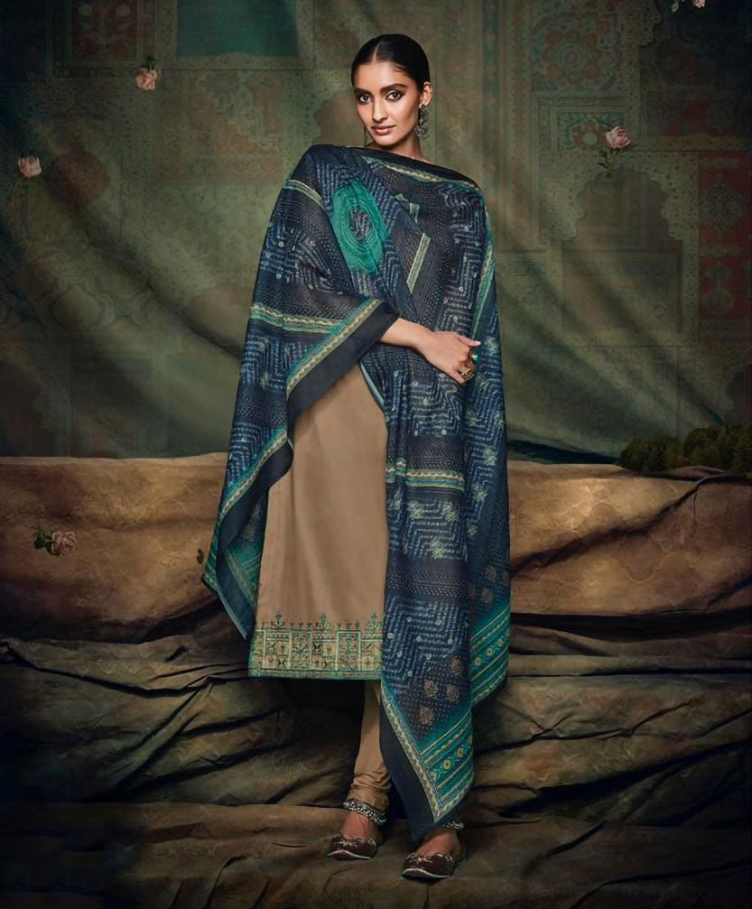 Brown Unstitched Salwar Suits with Bandhani Dupatta - Stilento