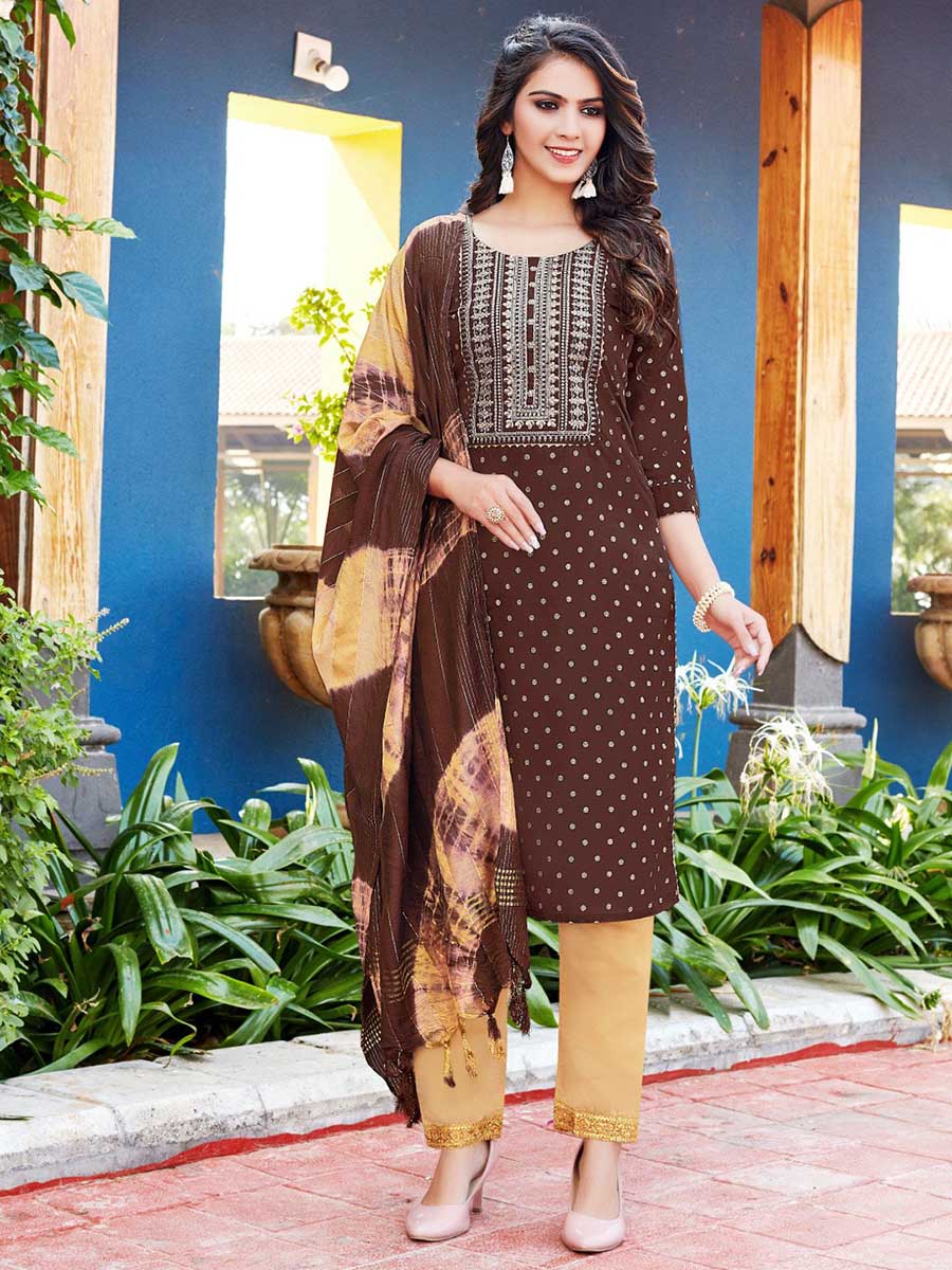 Brown Viscose Printed Stitched Suit with Dupatta - Stilento