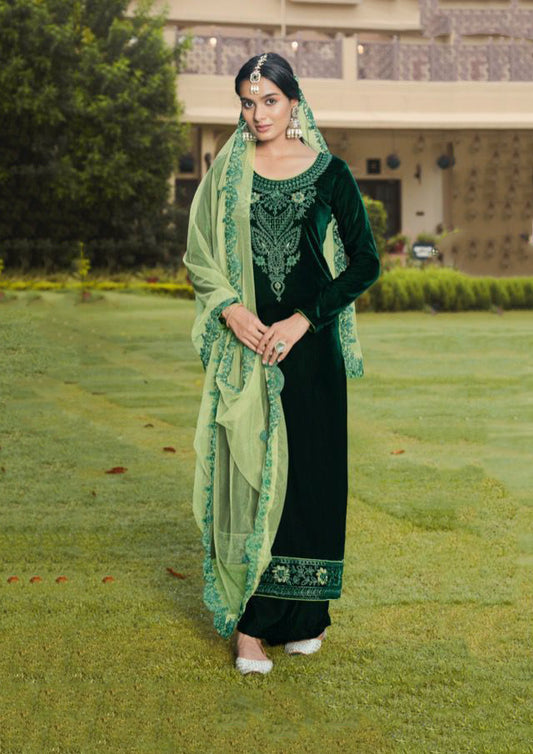 Unstitched Plain Velvet Suits with Net Dupatta for Ladies