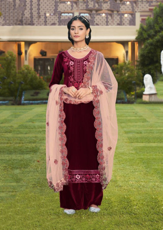 Unstitched Plain Velvet Suits with Net Dupatta for Ladies
