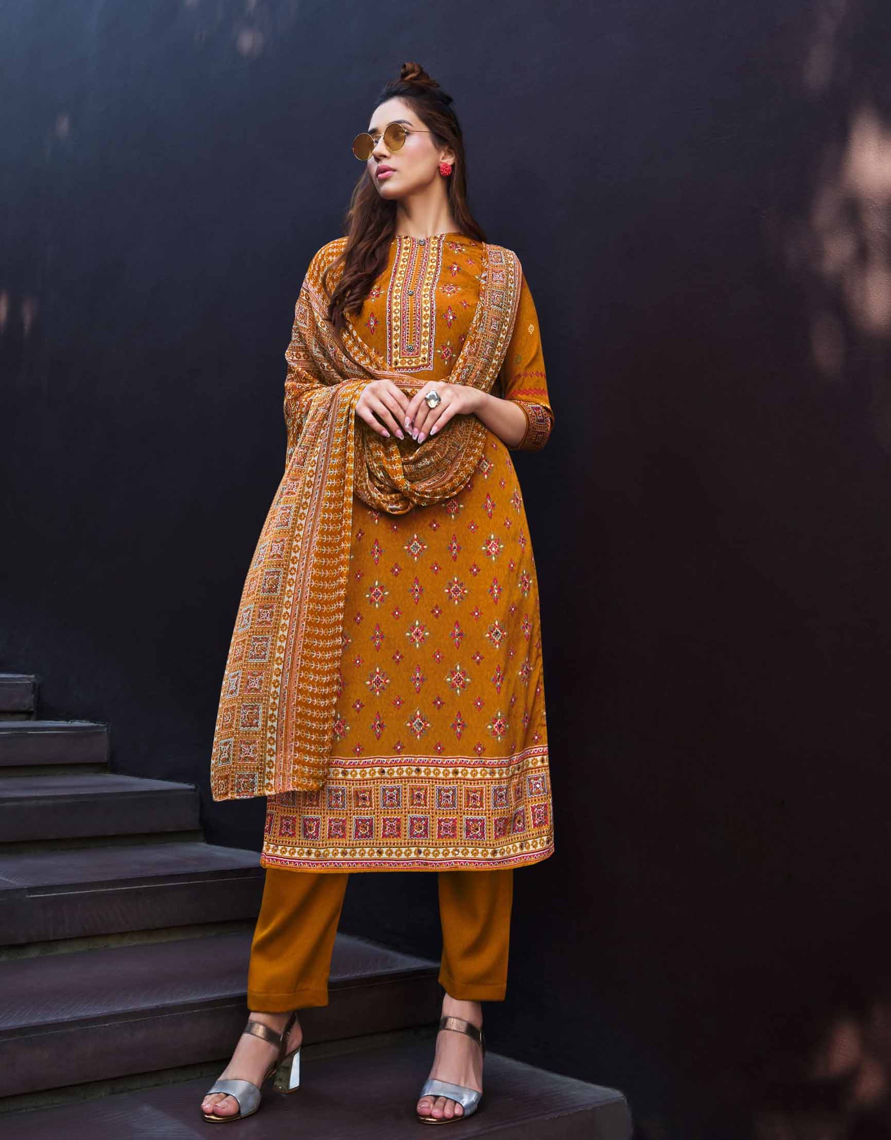 Pure Crepe Unstitched Women Suits Mustard Yellow Dress Material - Stilento