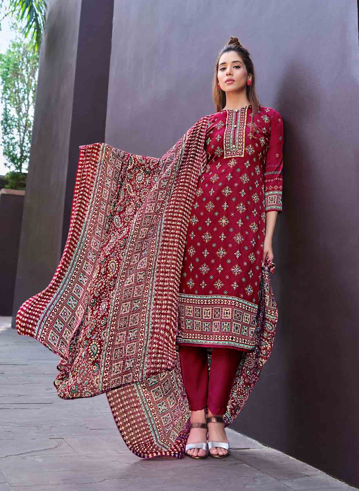 Pure Crepe Unstitched Women Suits Red Dress Material - Stilento