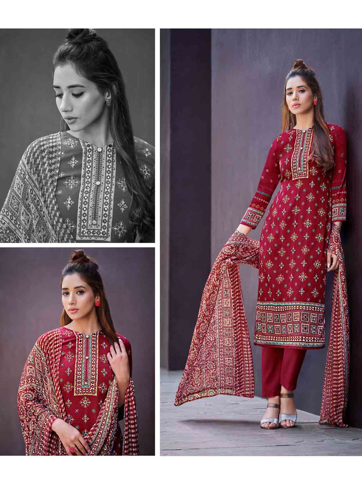 Pure Crepe Unstitched Women Suits Red Dress Material