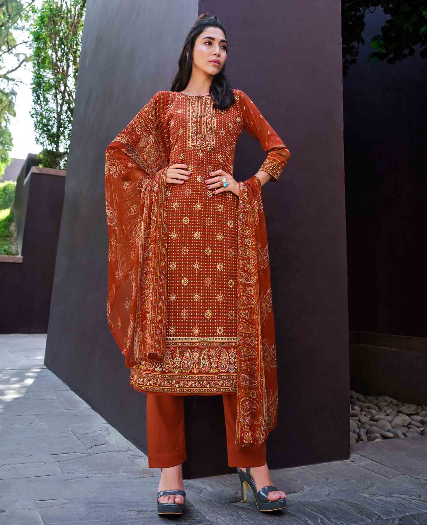 Pure Crepe Unstitched Women Suits Rust Red Dress Material - Stilento