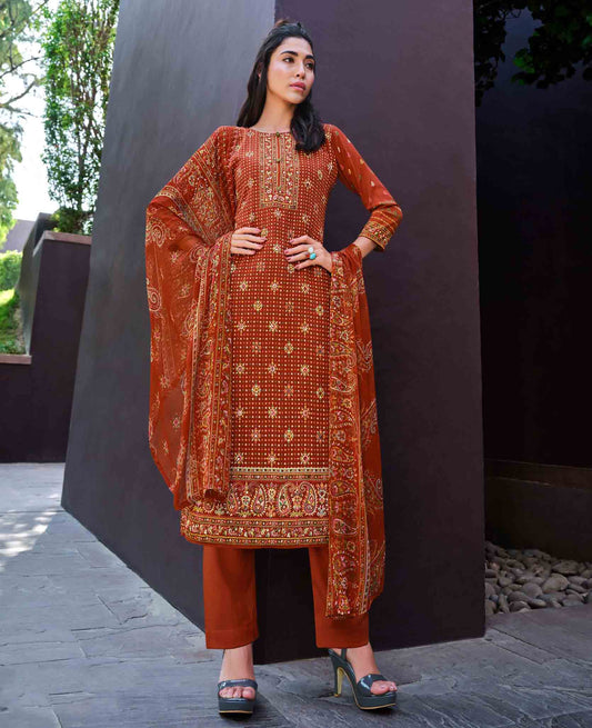 Pure Crepe Unstitched Women Suits Rust Red Dress Material