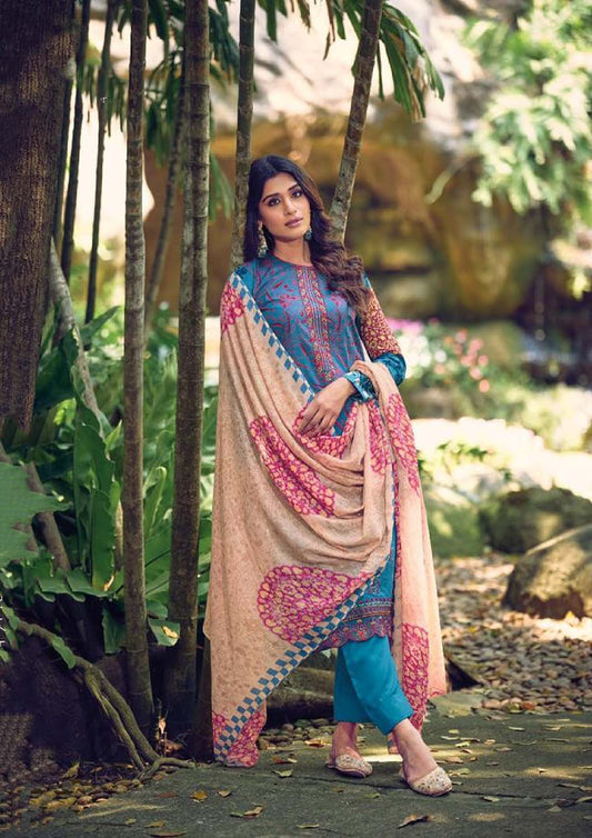 Aqsa Unstitched Cotton Suits Material Printed Embroidered Blue