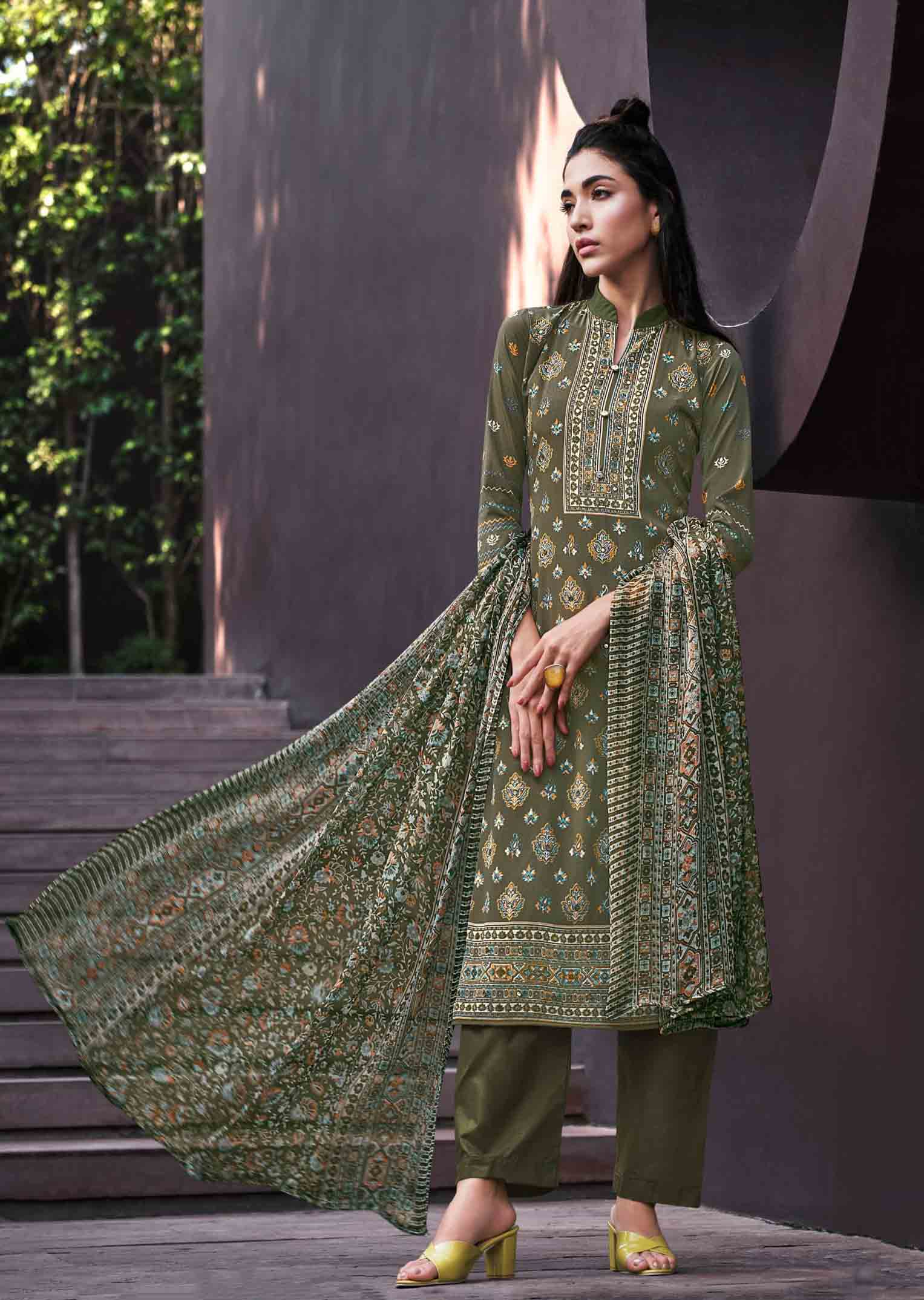 Pure Crepe Unstitched Women Suits Olive Green Dress Material - Stilento
