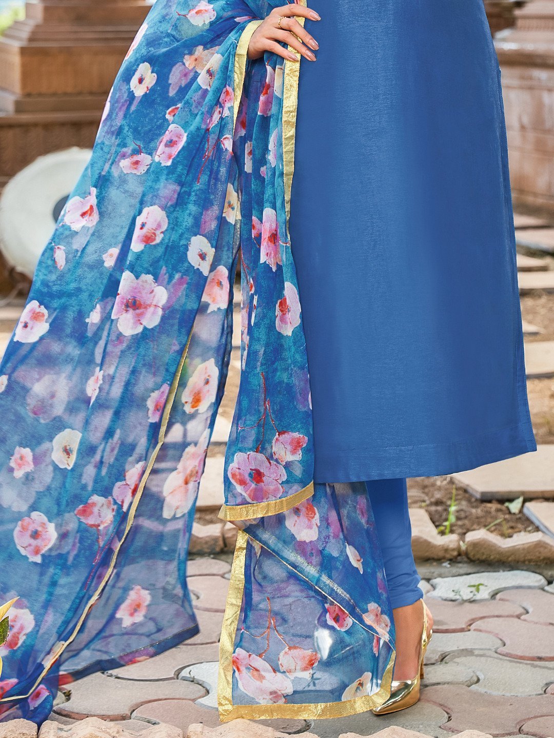 Chanderi Blue Embroidered Unstitched Cotton Suit - Stilento