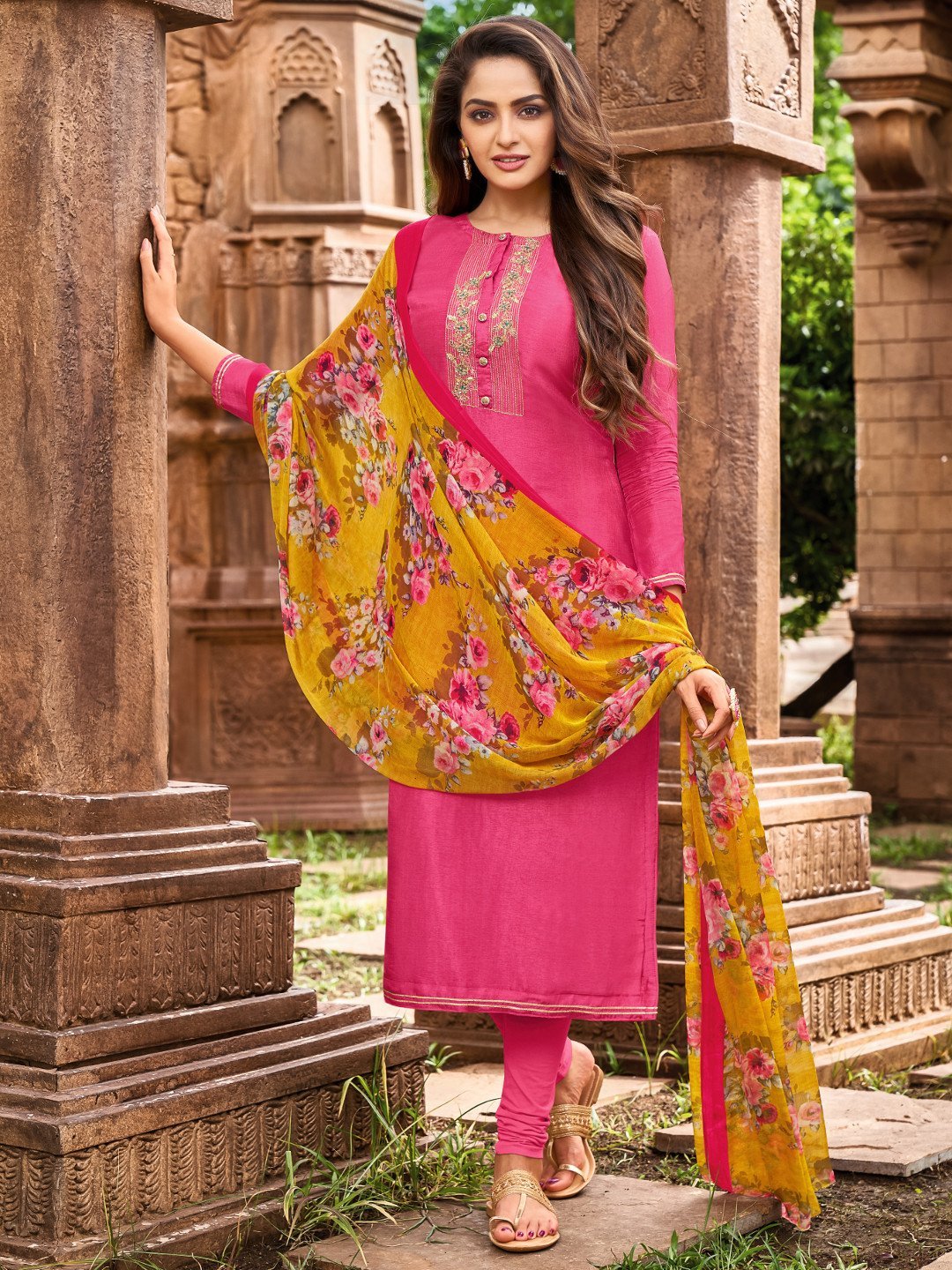 Chanderi Dark Pink Embroidered Unstitched Cotton Suit - Stilento