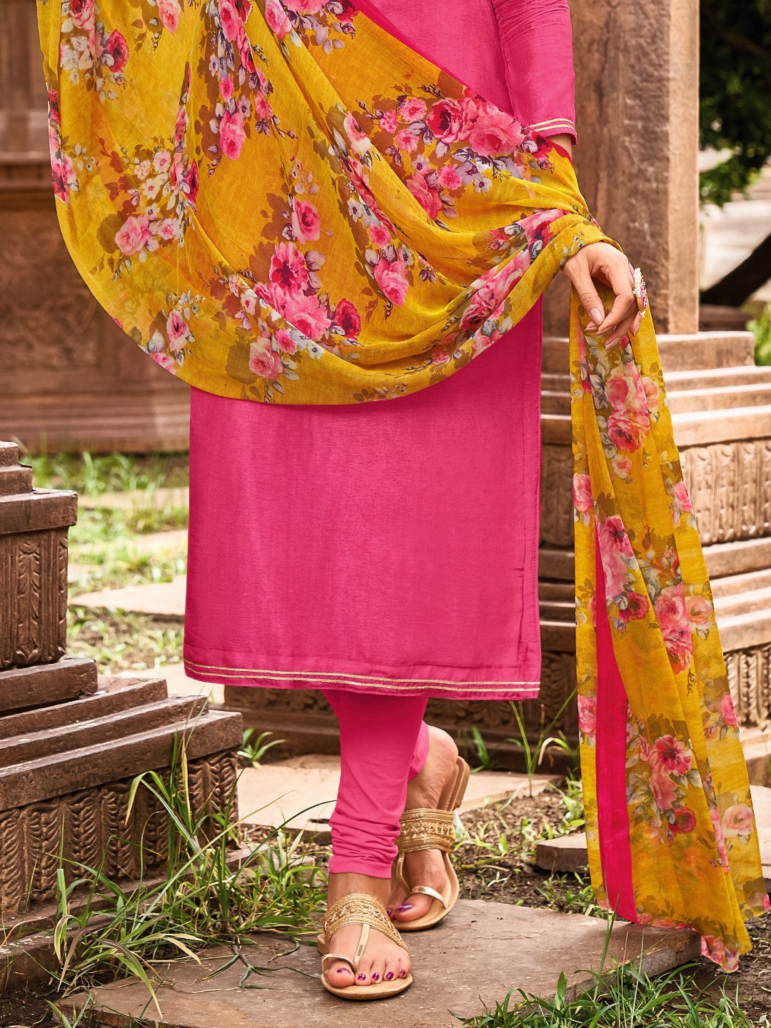 Chanderi Dark Pink Embroidered Unstitched Cotton Suit - Stilento
