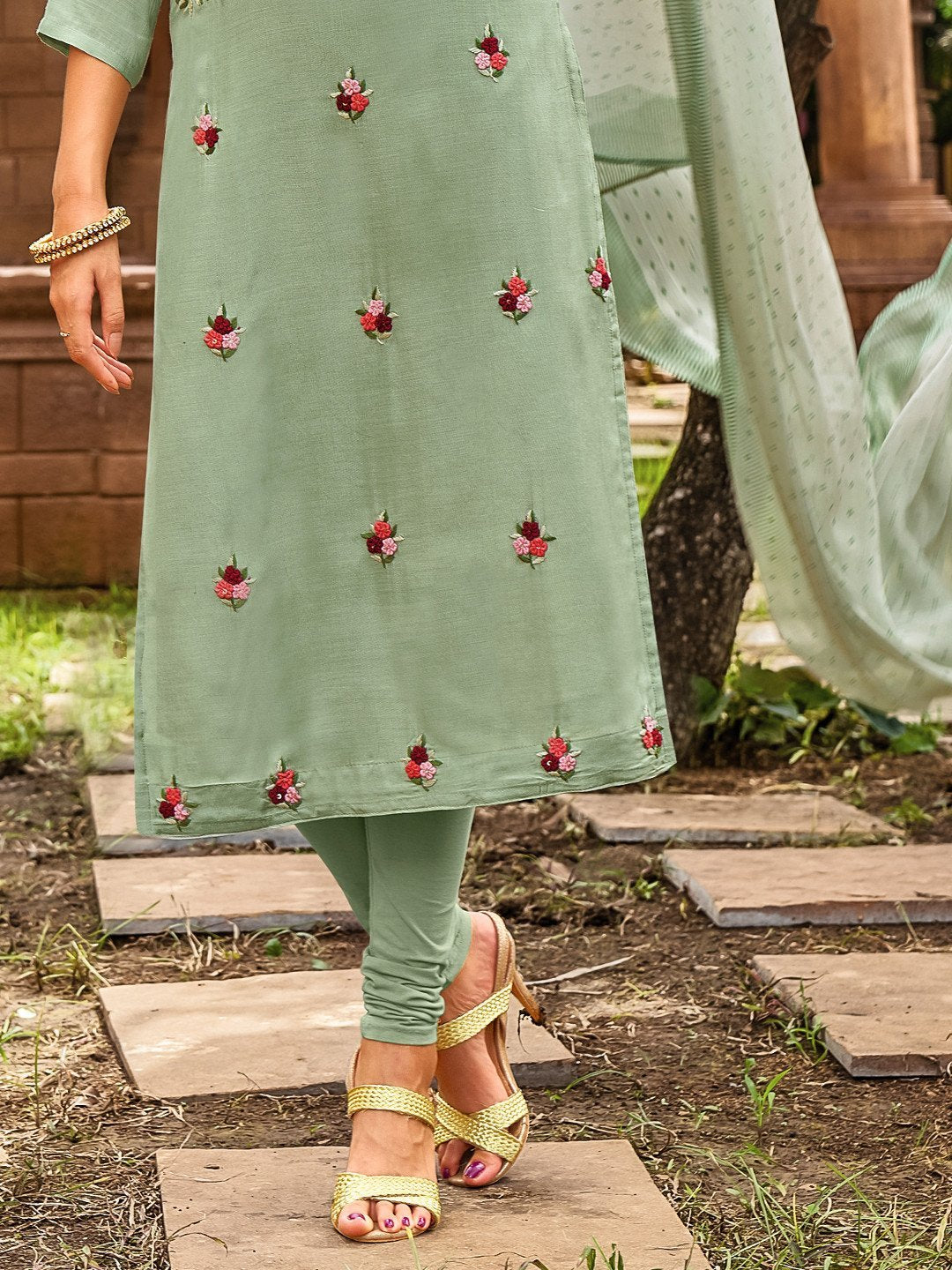 Chanderi Green Embroidered Unstitched Cotton Suit - Stilento