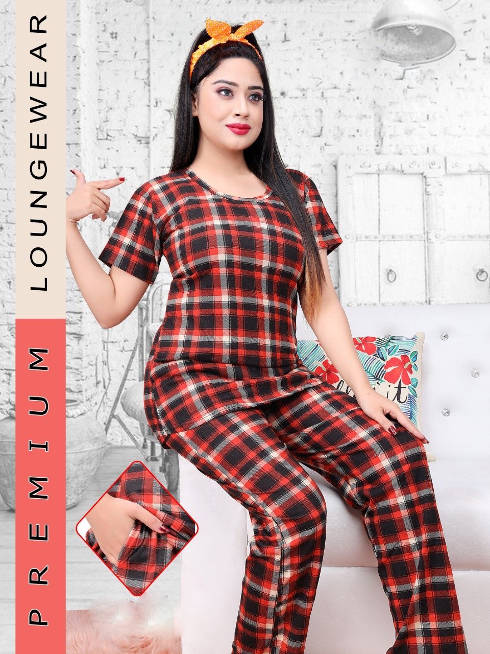Checked Night suit for ladies with long Top and Pockets - Stilento