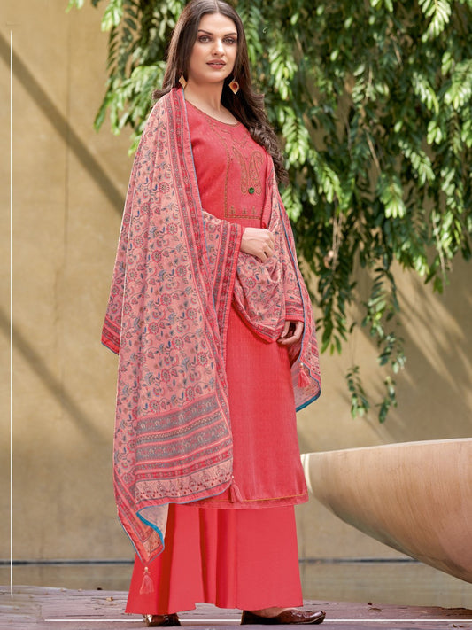 Coral Pink Woolen Pashmina Winter Unstitched suits for Ladies