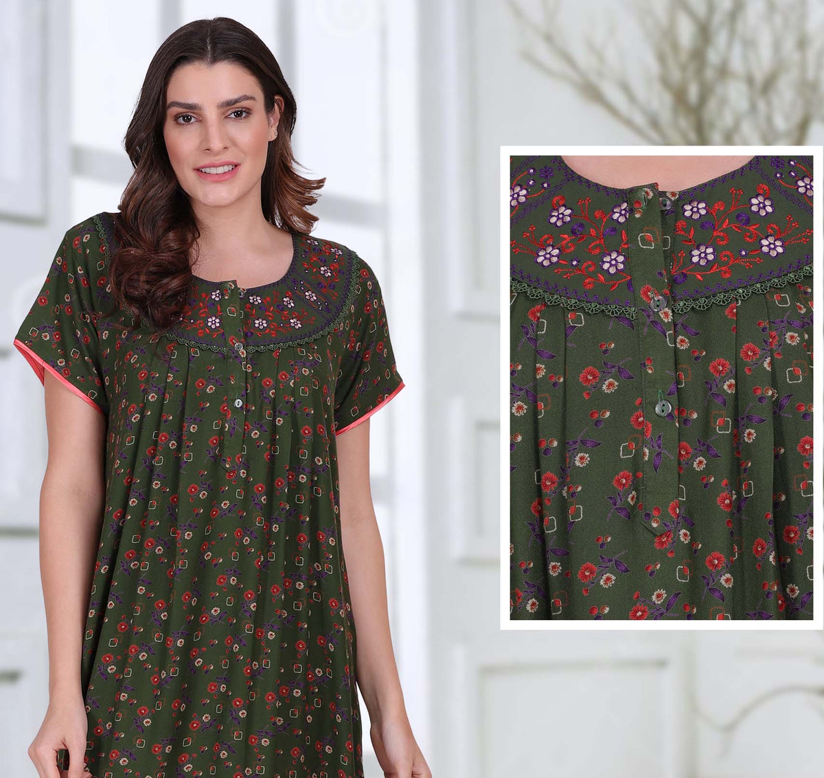Cotton Alpine Nighty Green Night wear Gown for Women