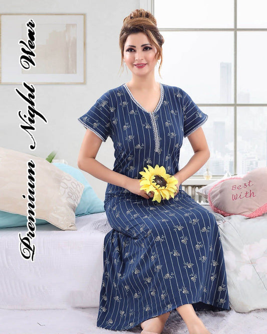 Cotton Blue Long Nighty Nightgown for Women