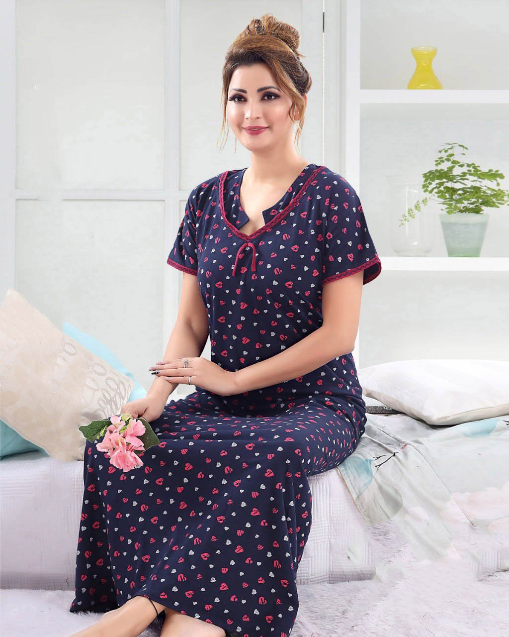 Cotton Blue Long Nighty Nightgown for Women