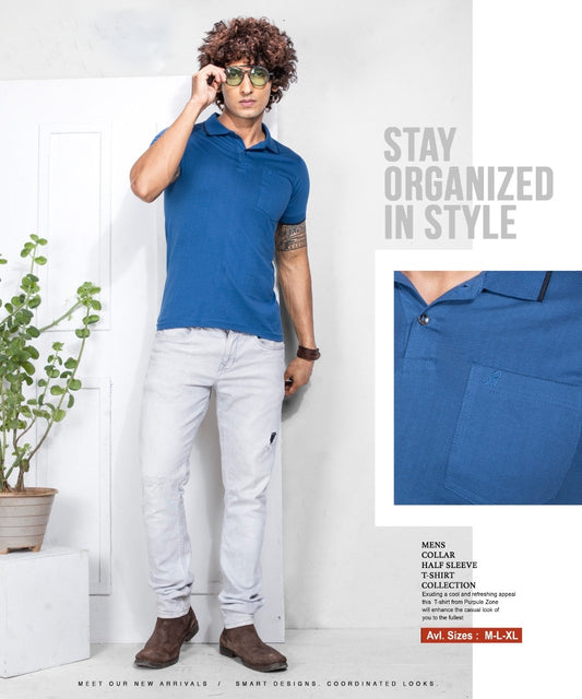 Cotton Blue Polo T-Shirt for Men With Plain Collar - Stilento