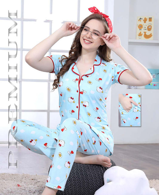 Cotton Blue Printed Women Night Suit - Stilento