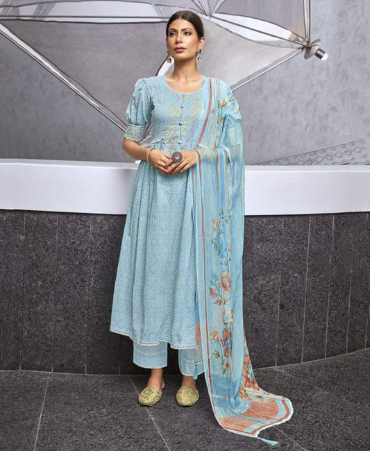 Cotton Blue Unstitched Suit Material With Chiffon Dupatta