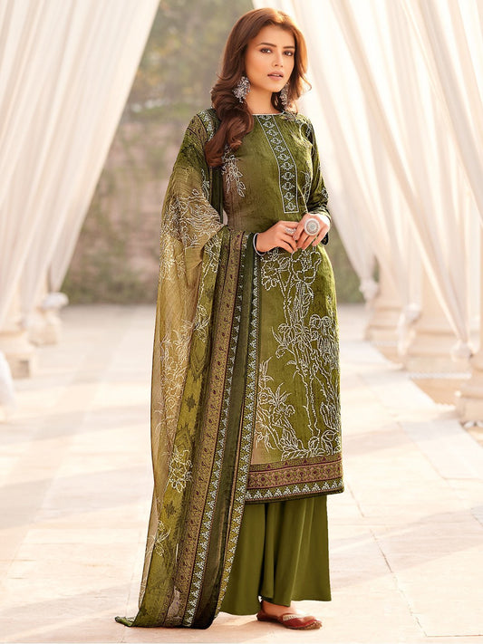 Cotton Dark Green Un-Stitched Suit with chiffon Dupatta