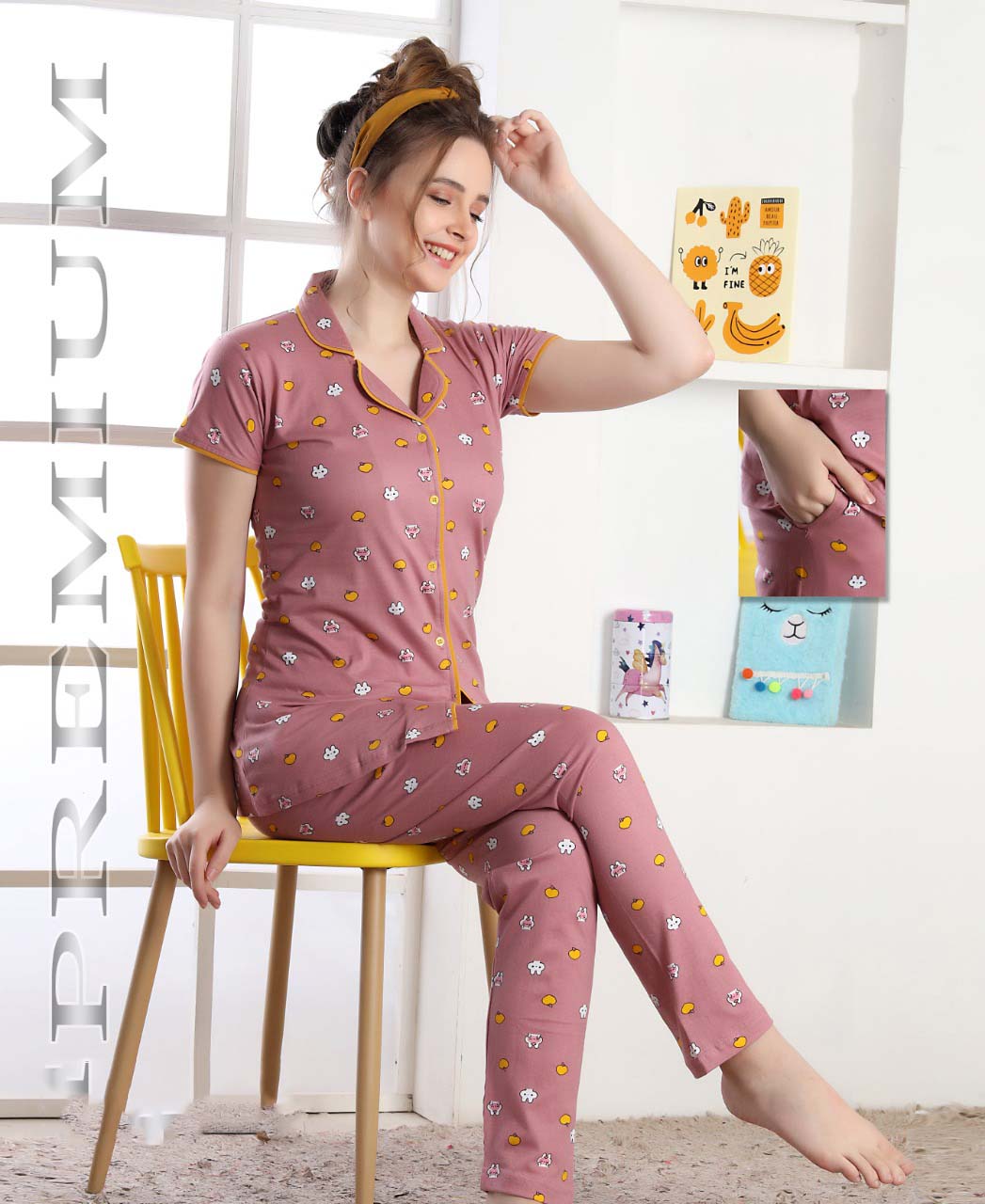 Cotton Dark Pink Printed Women Night Suit - Stilento