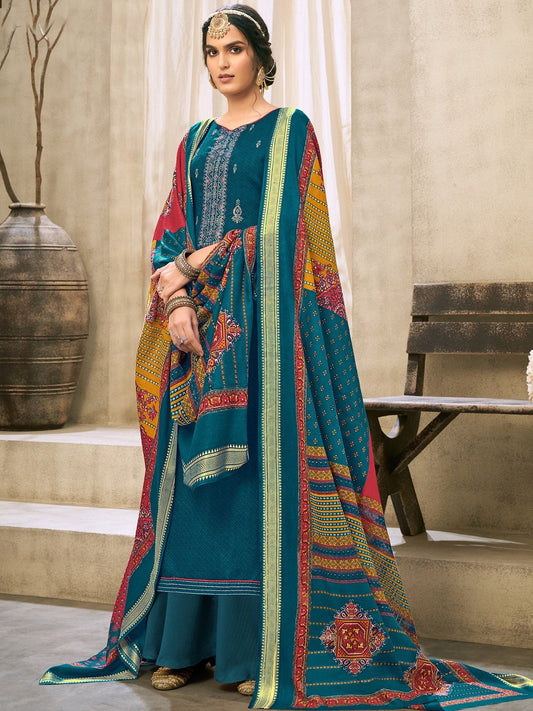 Cotton Embroidered Un-Stitched Blue Palazzo Suit Set