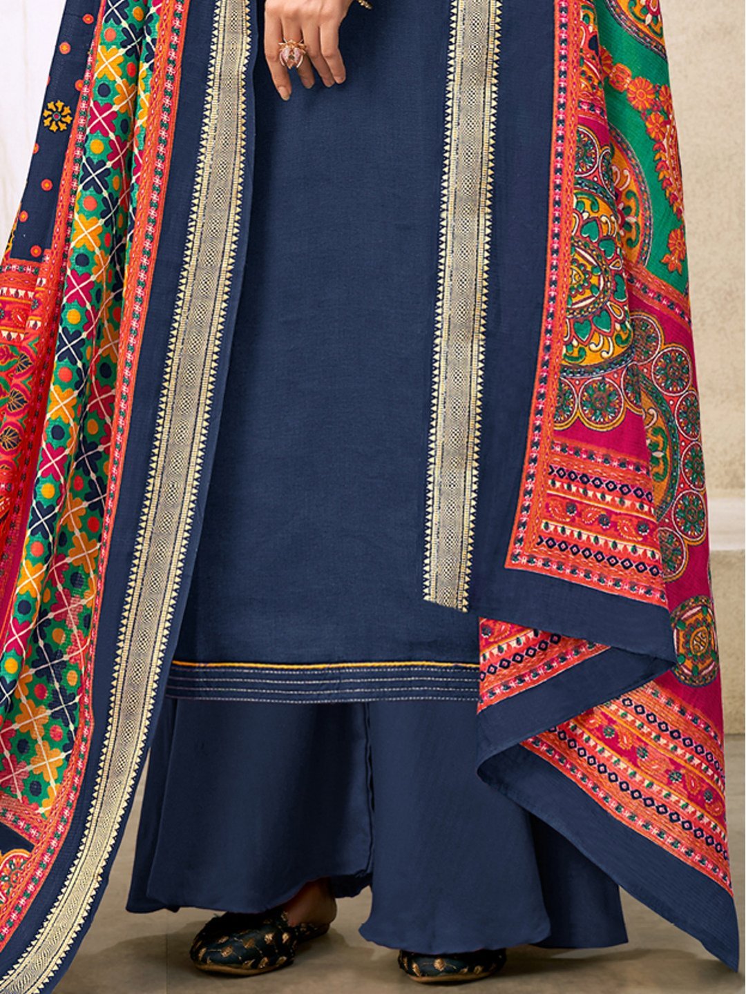 Cotton Embroidered Un-Stitched Dark Blue Palazzo Suit Set - Stilento