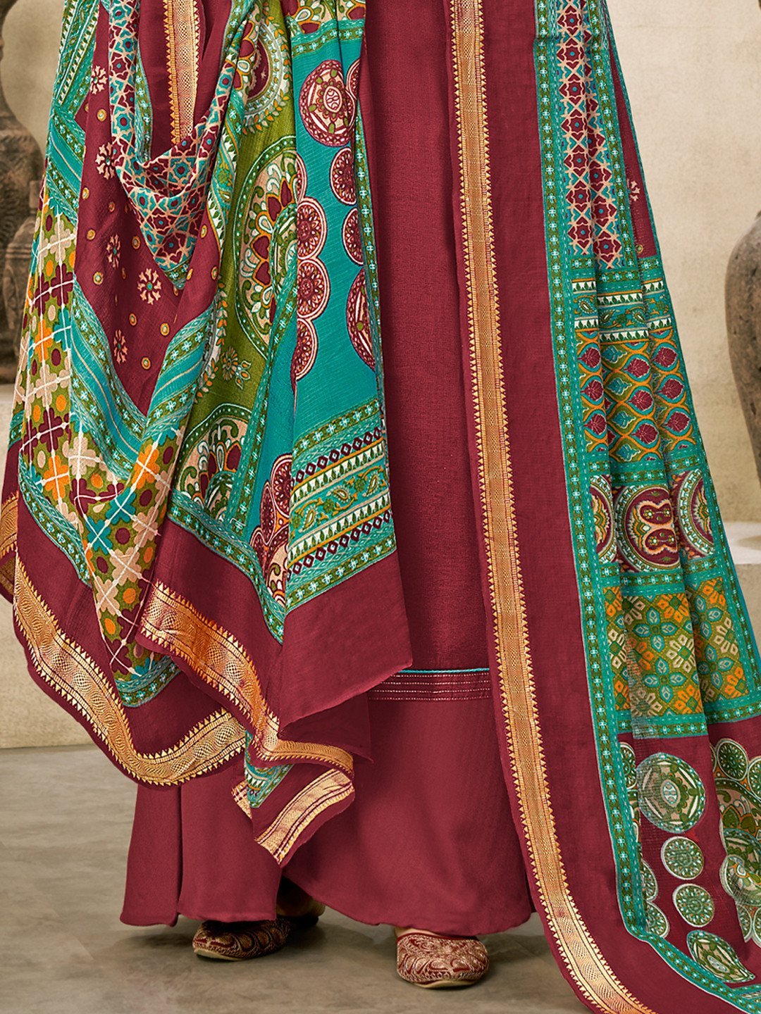 Cotton Embroidered Un-Stitched Maroon Palazzo Suit Set - Stilento