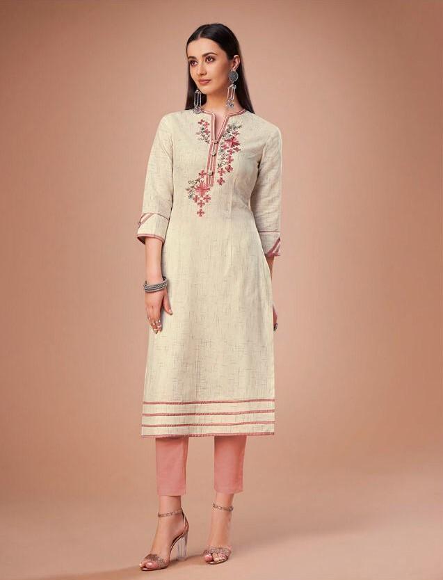 Cotton Embroidery Off white Women Kurta