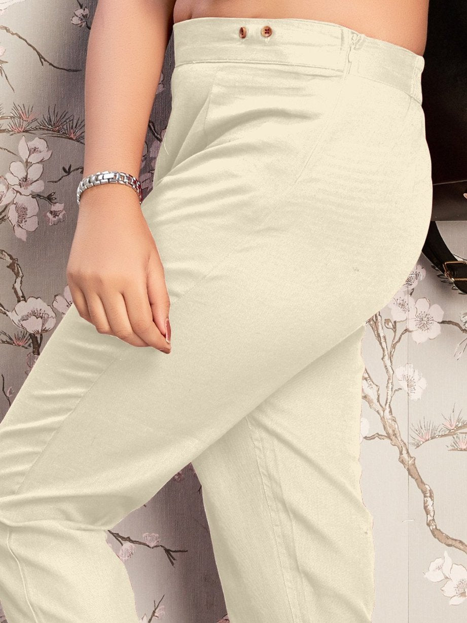 Cotton Flex Solid Women's Off White Pants - Stilento