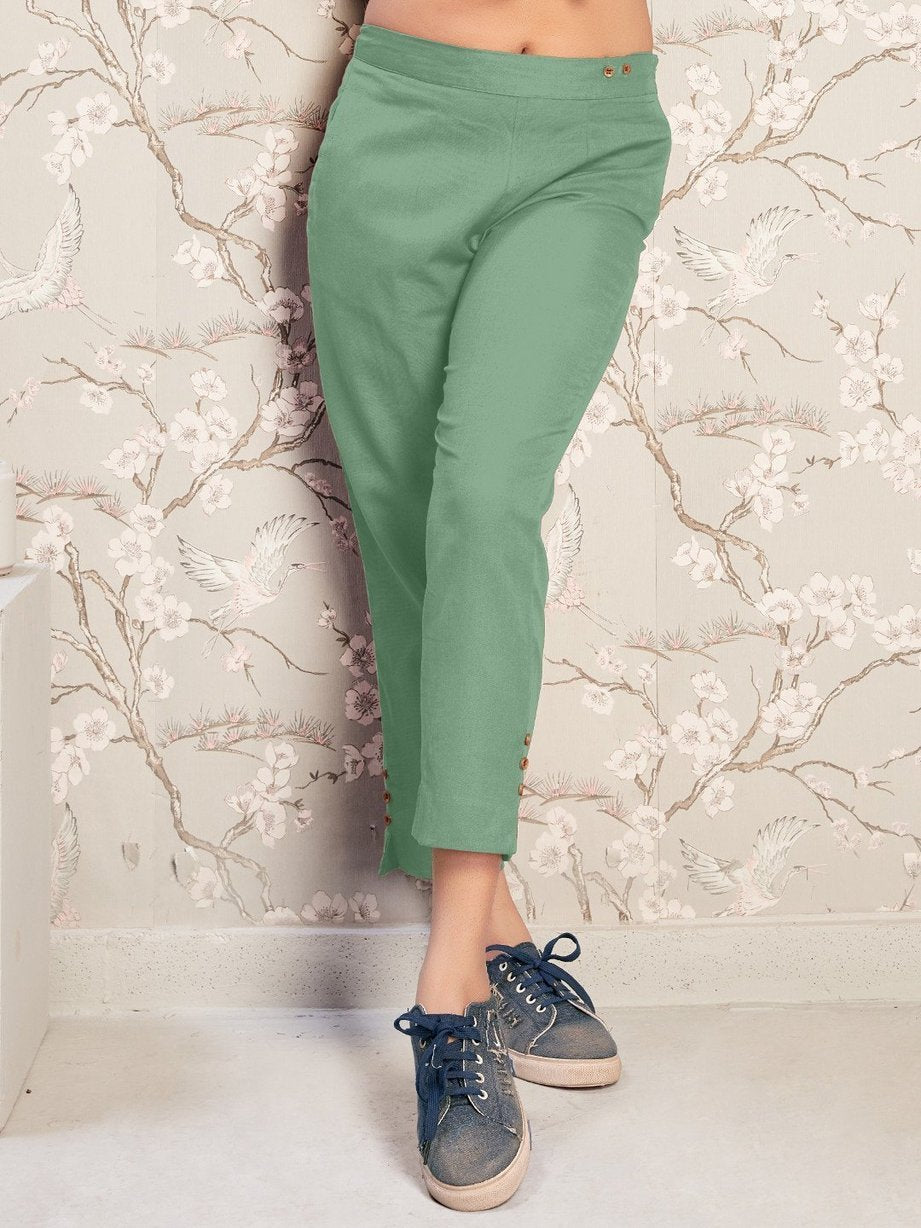 Pista Green Cotton Linen Stretch Trouser