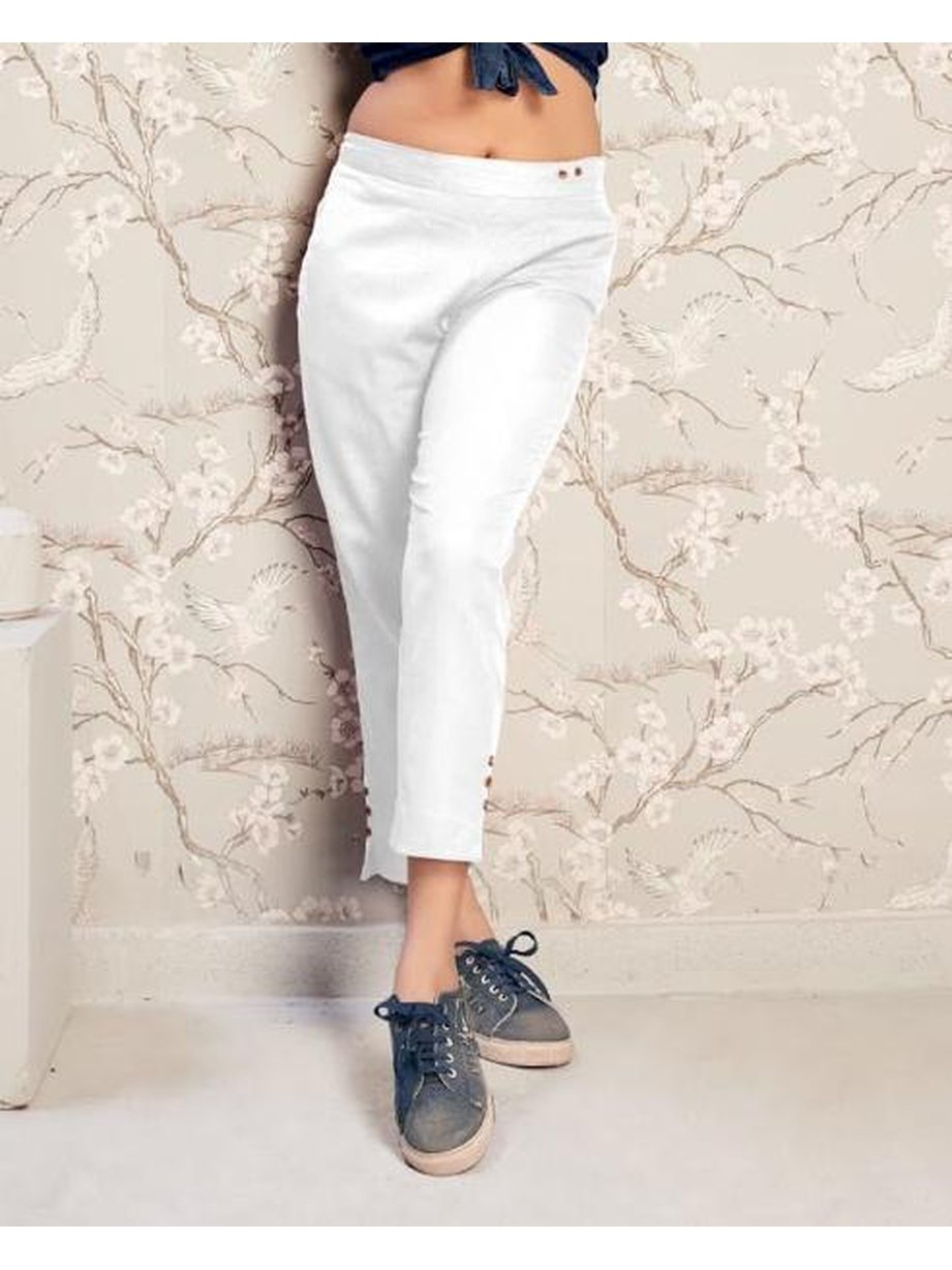 Cotton Flex Solid Women's White Pants - Stilento