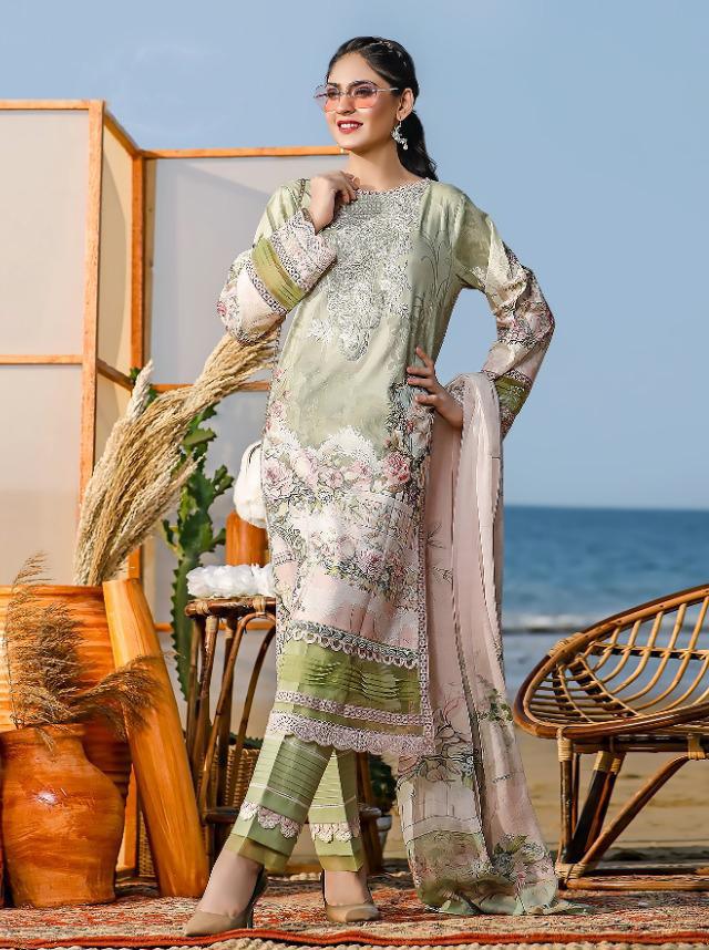 Cotton Green Unstitched Pakistani Dress Material with Chiffon Dupatta - Stilento