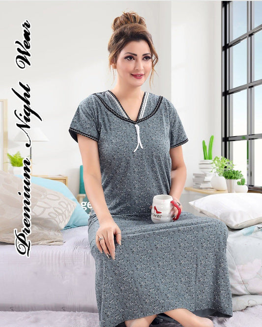 Cotton Grey Long Nighty Night Wear for Women - Stilento