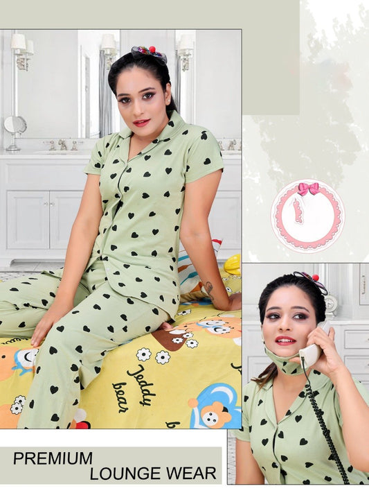 Cotton Ladies Green Night Suit Wear Set - Stilento