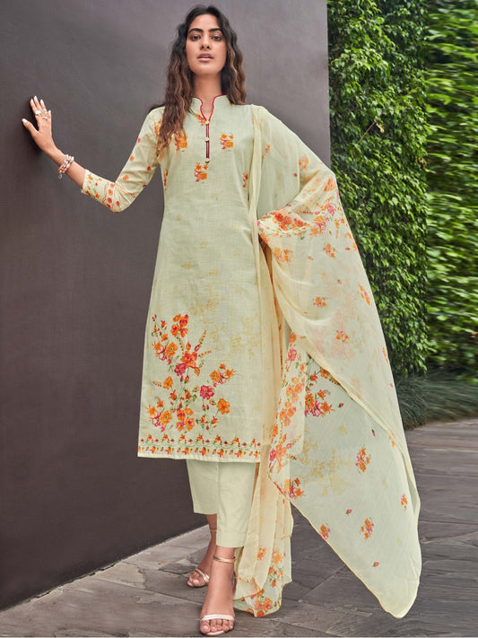 Cotton Linen Beige Printed Unstitched Suit Material for Ladies