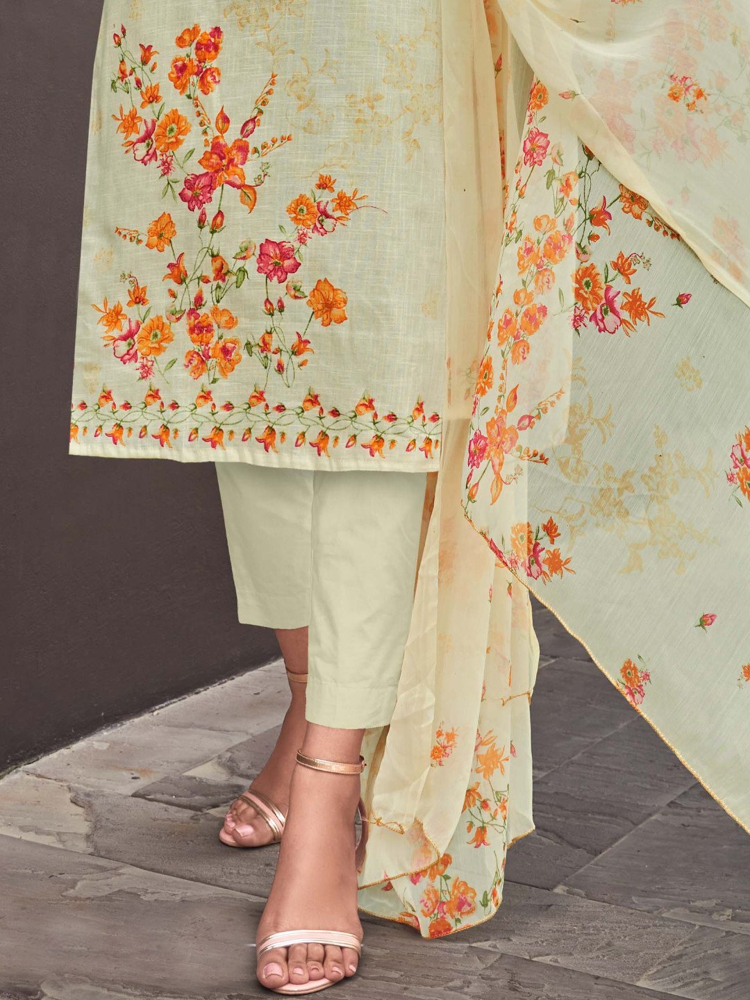 Cotton Linen Beige Printed Unstitched Suit Material for Ladies - Stilento