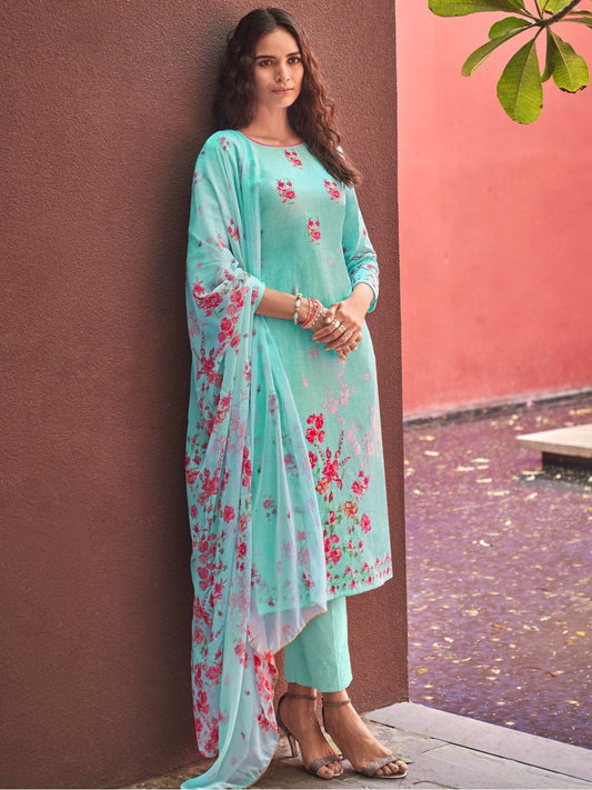 Cotton Linen Green Printed Unstitched Suit Material