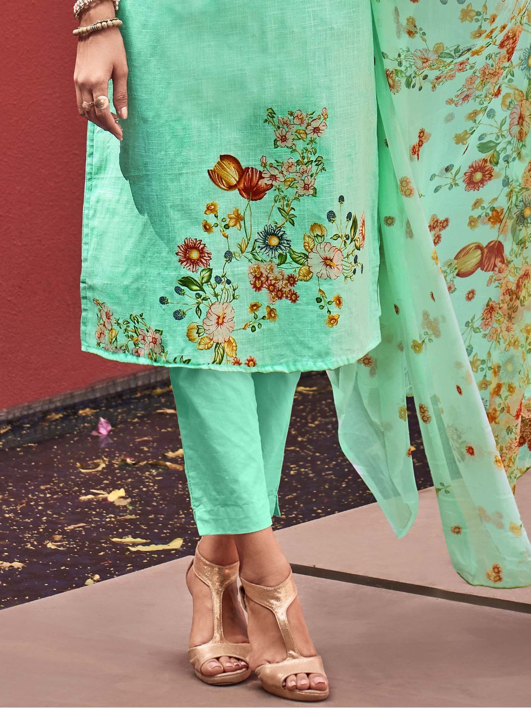 Cotton Linen Green Printed Unstitched Suit Material - Stilento